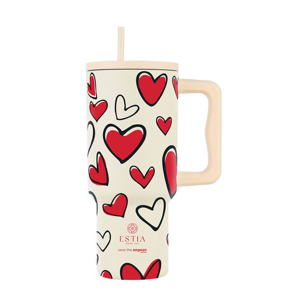 Ανοξείδωτο Θερμός Estia Straw Tumbler XL Save The Aegean 900ml Red Valentine | Estia Home Art