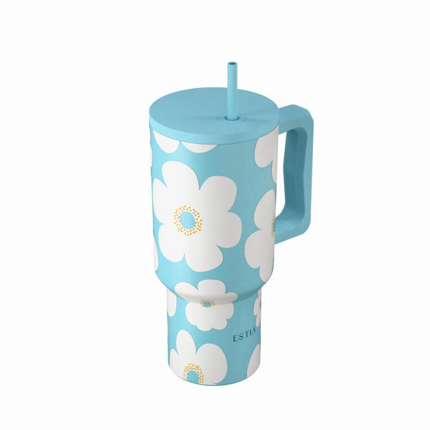 Ανοξείδωτο Θερμός Estia Straw Tumbler XL Save The Aegean 900ml Blue Daisy | Estia Home Art
