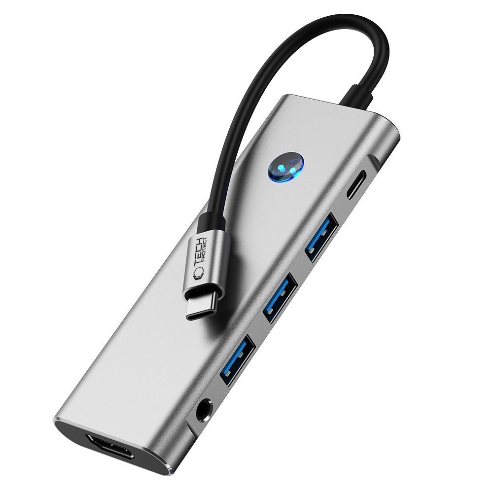 HUB Adapter 9in1 Tech-Protect HB04 USB-C + USB2.0 + USB3.0 + HDMI 4K 60Hz + SD / TF + PD100W + AV3.5 Γκρι | www.lightgear.gr