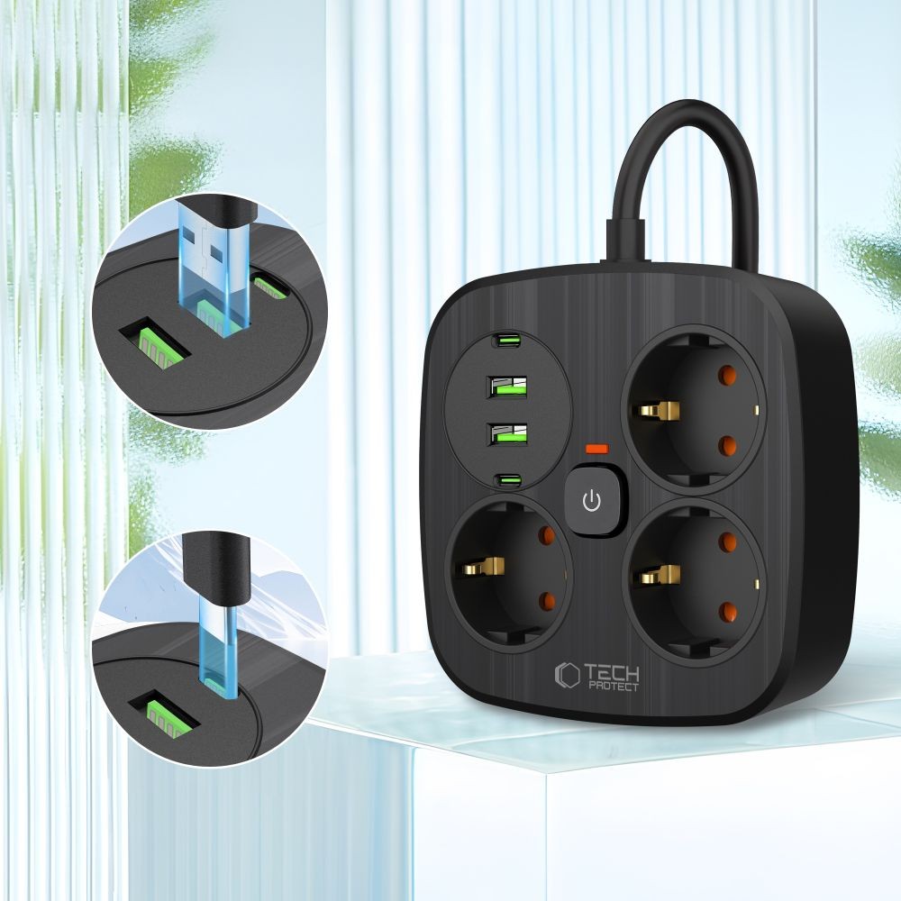 Πολύπριζο Tech-Protect PCS3X4 3 Sockets 2xUSB-A 2xUSB-C 200cm Μαύρο | www.lightgear.gr