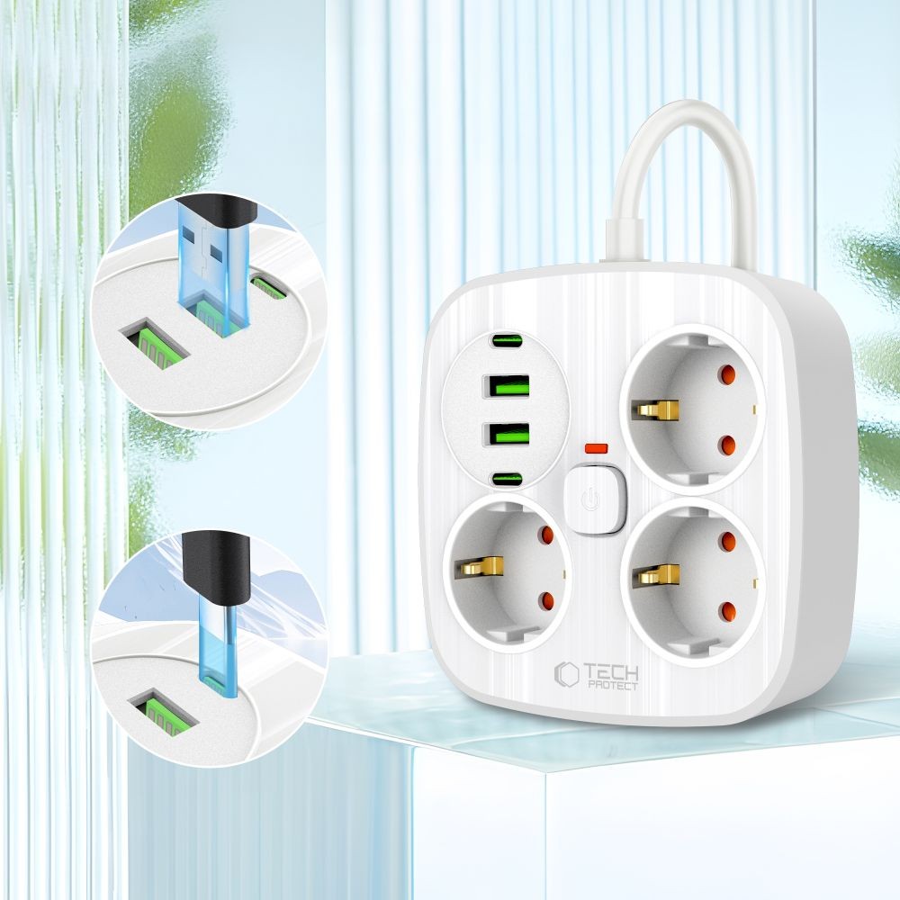 Πολύπριζο Tech-Protect PCS3X4 3 Sockets 2xUSB-A 2xUSB-C 200cm Λευκό | www.lightgear.gr