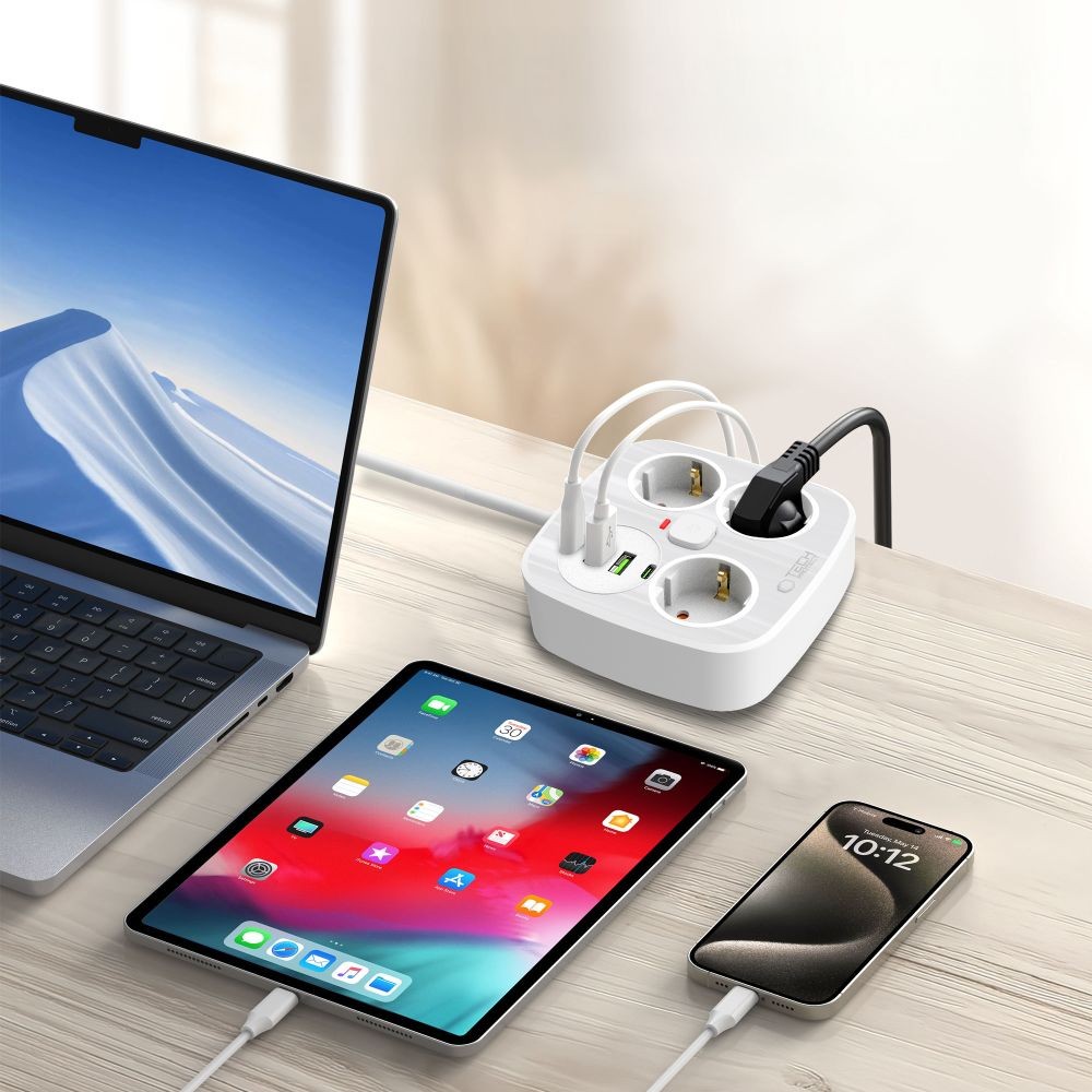 Πολύπριζο Tech-Protect PCS3X4 3 Sockets 2xUSB-A 2xUSB-C 200cm Λευκό | www.lightgear.gr