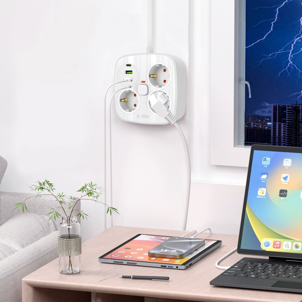 Πολύπριζο Tech-Protect PCS3X4 3 Sockets 2xUSB-A 2xUSB-C 200cm Λευκό | www.lightgear.gr