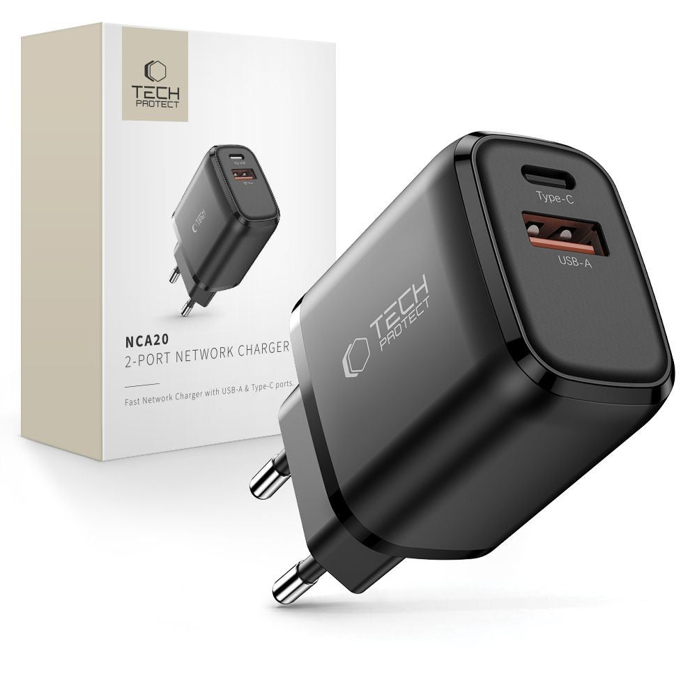 Επιτοίχιος Φορτιστής Tech-Protect NCA20 PD 20W QC3.0 USB-A USB-C Μαύρο | www.lightgear.gr