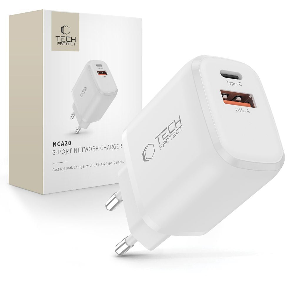 Επιτοίχιος Φορτιστής Tech-Protect NCA20 PD 20W QC3.0 USB-A / USB-C Λευκό | www.lightgear.gr
