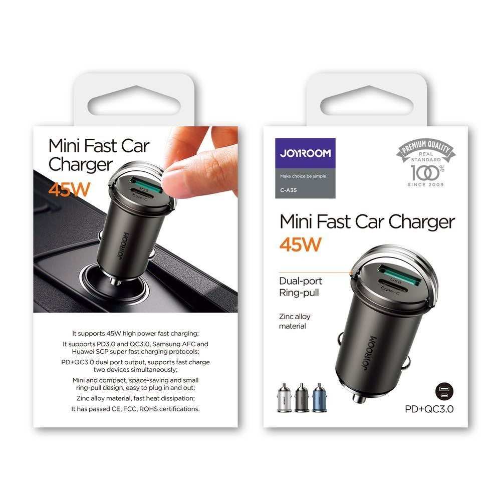 Φορτιστής Αυτοκινήτου Joyroom USB Type C / USB 45W 5A Power Delivery Quick Charge 3.0 AFC SCP Γκρι (C-A35) | www.lightgear.gr