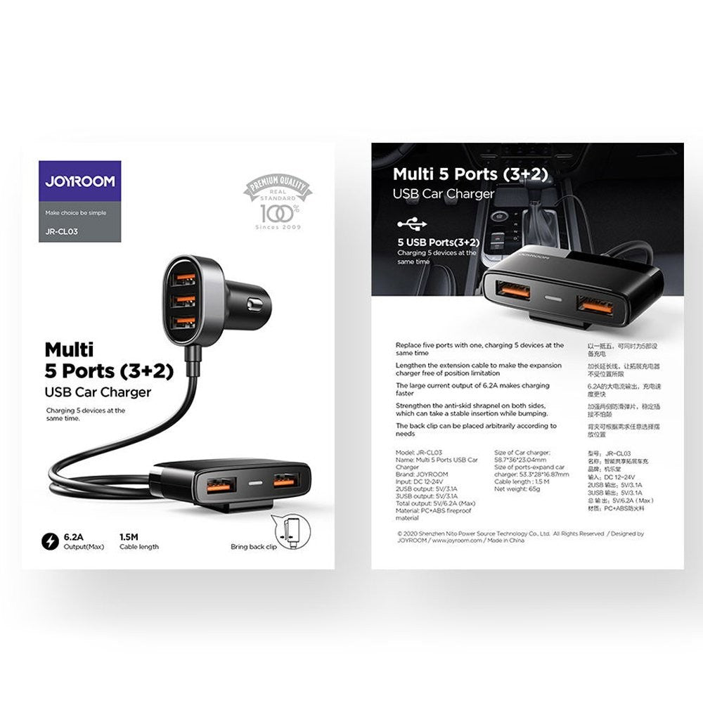 Ταχυφορτιστής Αυτοκινήτου Joyroom 5x USB 6.2A με Extension Cable Μαύρο (JR-CL03) | www.lightgear.gr