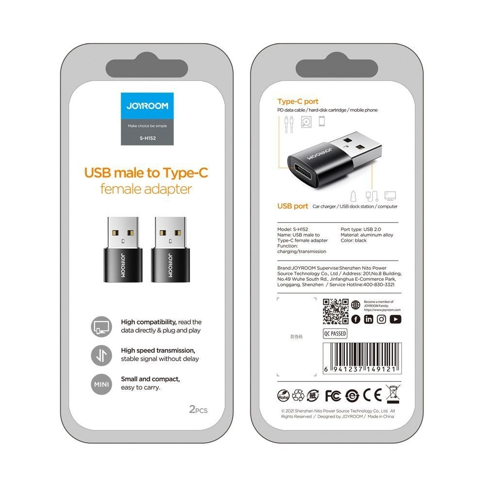 Adapter Joyroom USB Type C (Θηλυκό) σε USB (Αρσενικό) Μαύρο (S-H152 Black) 2τεμ | www.lightgear.gr