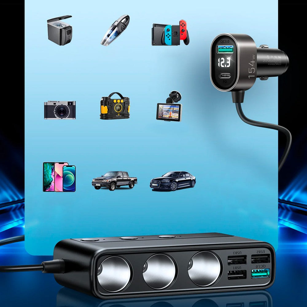 Φορτιστής Αυτοκινήτου Joyroom JR-CL06 9in1 154W 5x USB-A / USB-C / 3x Cigarette Lighter Socket PD QC PPS Μαύρο | www.lightgear.gr