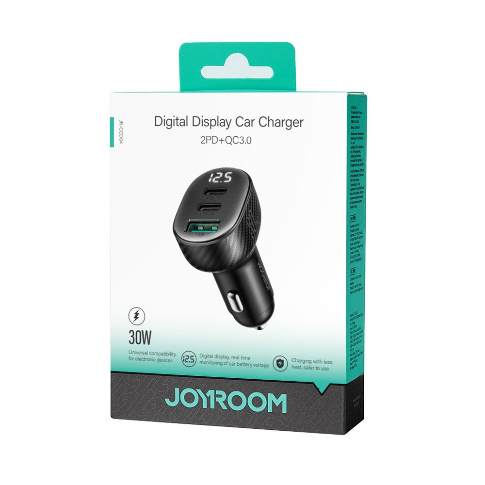 Φορτιστής Αυτοκινήτου Joyroom JR-CCD04 30W 2x USB-C USB-A με Display Μαύρο | www.lightgear.gr