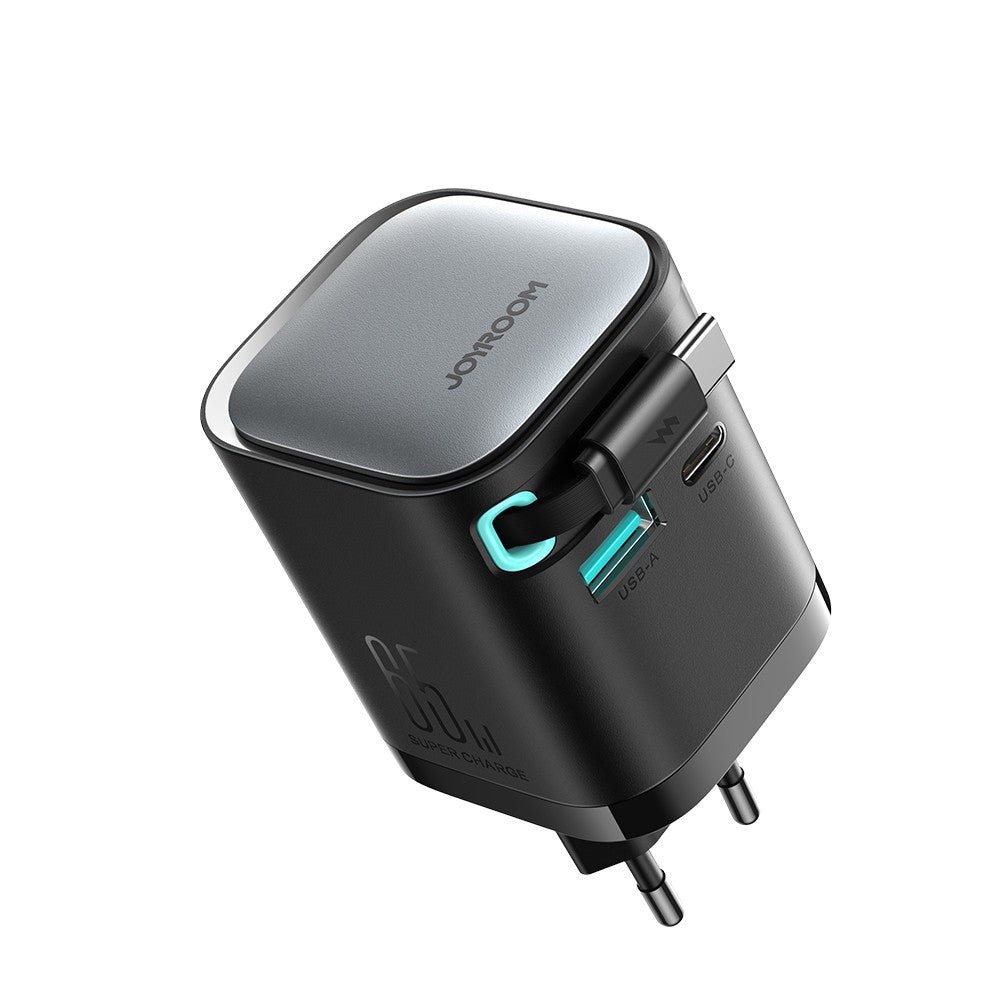 Φορτιστής Joyroom JR-TCL02 65W USB-A USB-C GaN με Ενσωματωμένο USB-C Καλώδιο Μαύρο | www.lightgear.gr