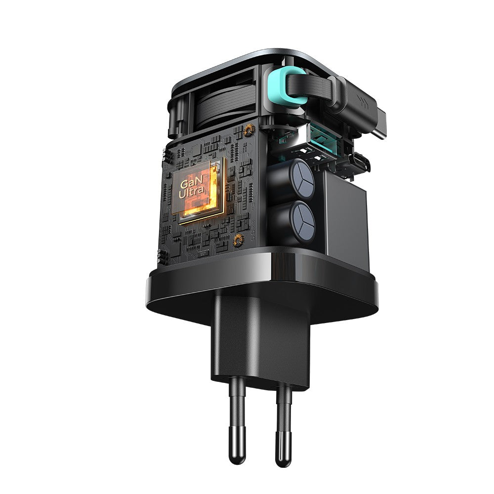 Φορτιστής Joyroom JR-TCL02 65W USB-A USB-C GaN με Ενσωματωμένο USB-C Καλώδιο Μαύρο | www.lightgear.gr