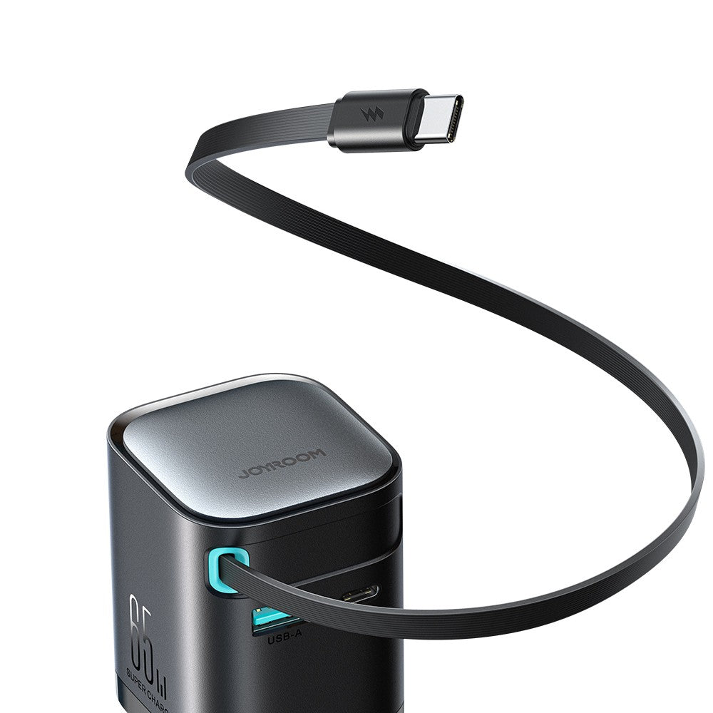 Φορτιστής Joyroom JR-TCL02 65W USB-A USB-C GaN με Ενσωματωμένο USB-C Καλώδιο Μαύρο | www.lightgear.gr