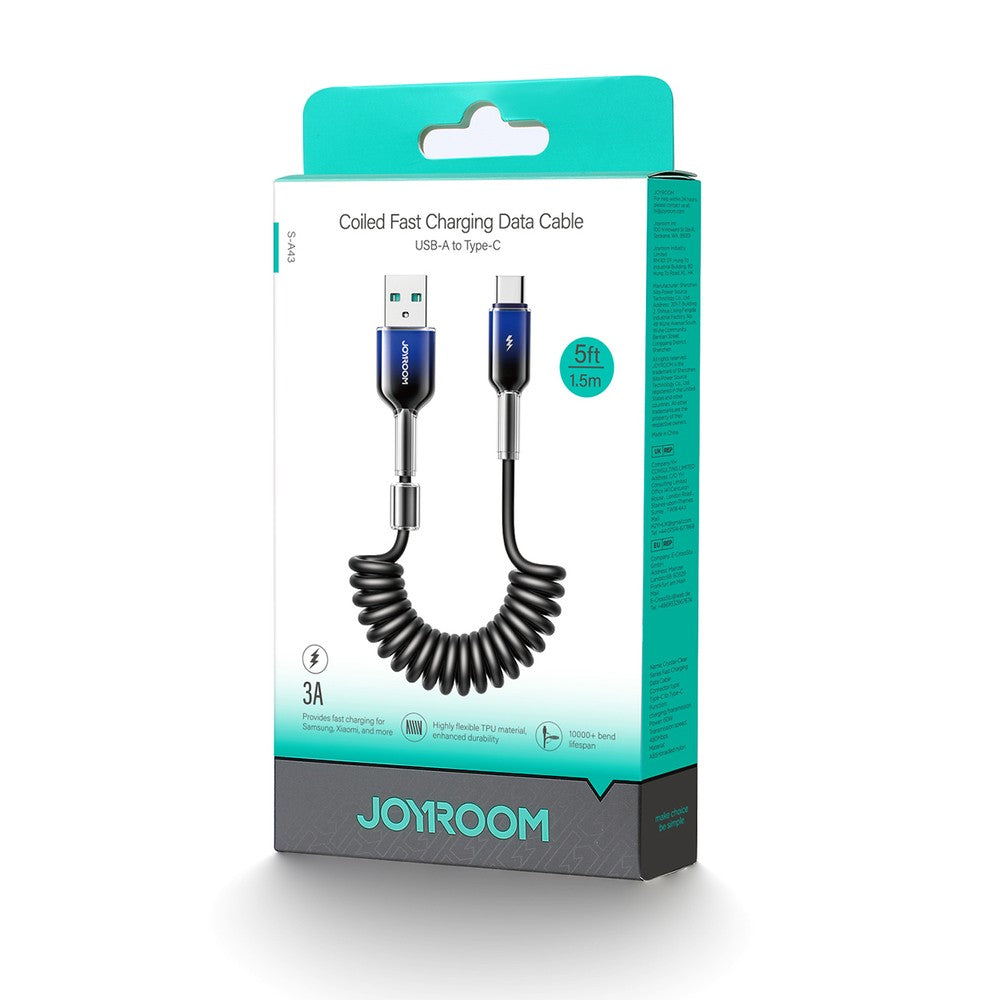 Καλώδιο Joyroom S-A43 Crystal-Clear Series 3A USB-A σε USB-C Spiral 1.5m Μαύρο | www.lightgear.gr