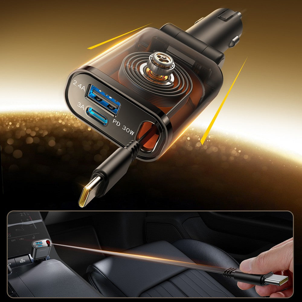 Car Charger Joyroom JR-CCL07 3-in-1 με Ενσωματωμένο Retractable Cable Dark Gray | www.lightgear.gr