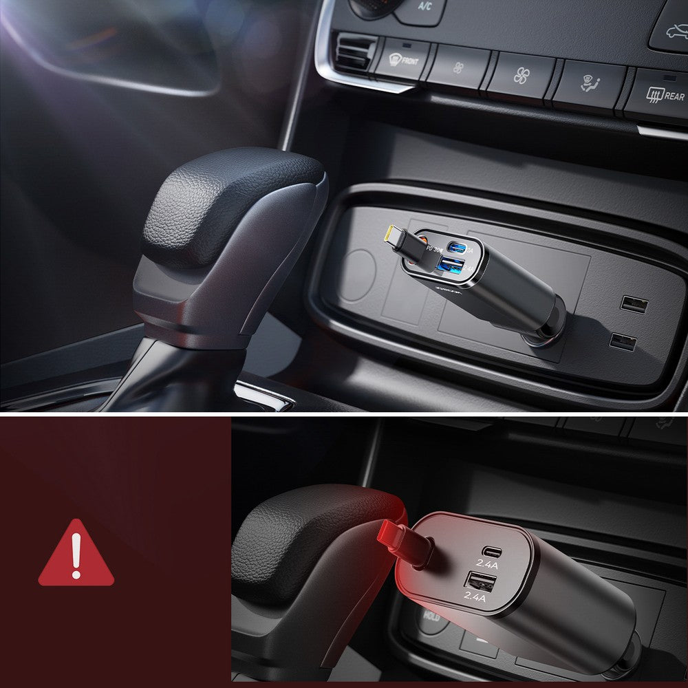 Car Charger Joyroom JR-CCL07 3-in-1 με Ενσωματωμένο Retractable Cable Dark Gray | www.lightgear.gr