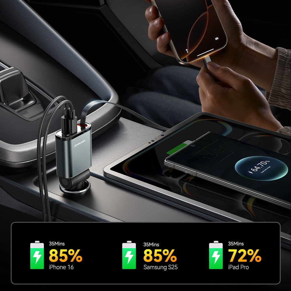 Car Charger Joyroom JR-CCL07 3-in-1 με Ενσωματωμένο Retractable Cable Dark Gray | www.lightgear.gr