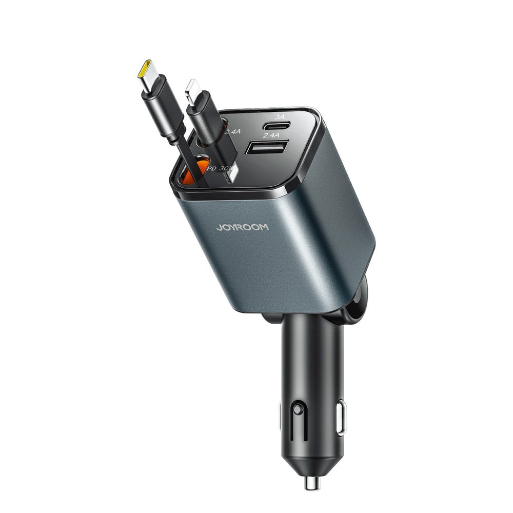 Car Charger Joyroom JR-CCL05 30W 4-in-1 με 2 Ενσωματωμένα Retractable Καλώδια Dark Gray | www.lightgear.gr