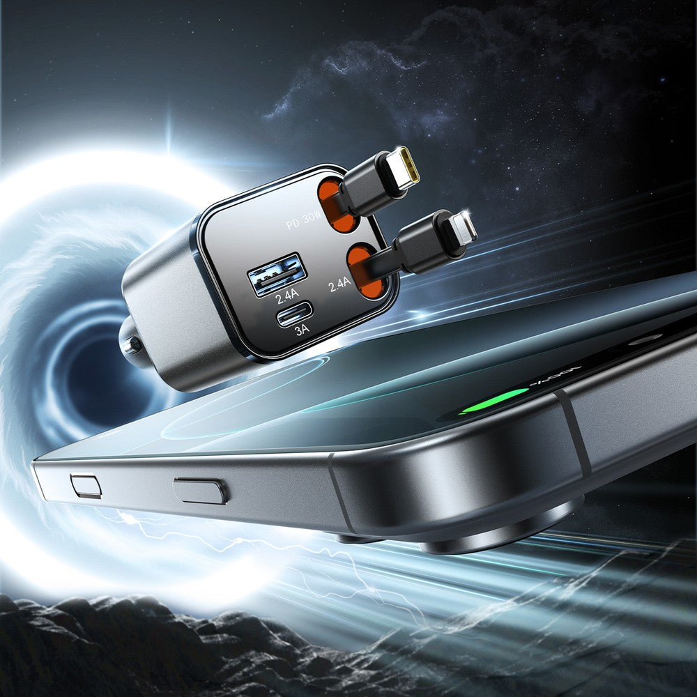 Car Charger Joyroom JR-CCL05 30W 4-in-1 με 2 Ενσωματωμένα Retractable Καλώδια Dark Gray | www.lightgear.gr