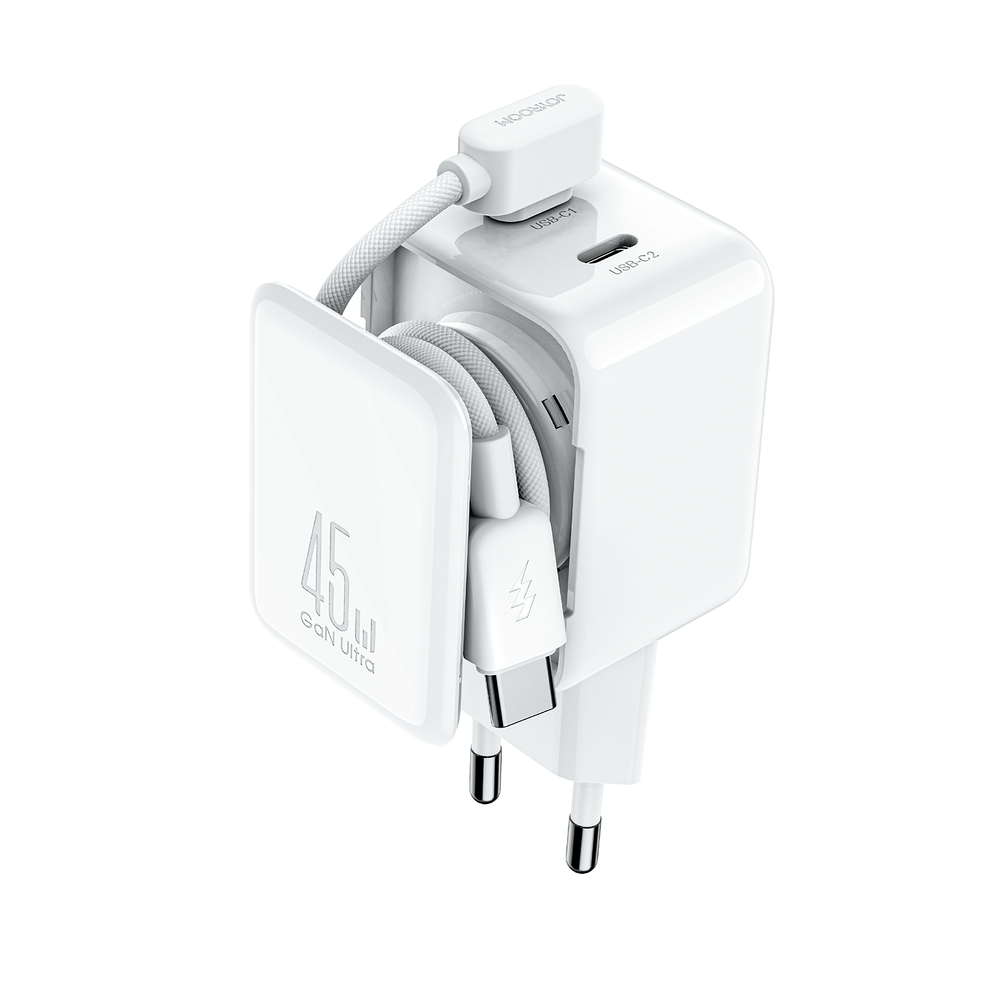 Επιτοίχιος Φορτιστής Joyroom JR-TCL05 45W GaN με Cable Organizer Λευκό | www.lightgear.gr