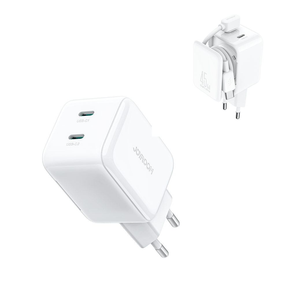 Επιτοίχιος Φορτιστής Joyroom JR-TCL05 45W GaN με Cable Organizer Λευκό | www.lightgear.gr