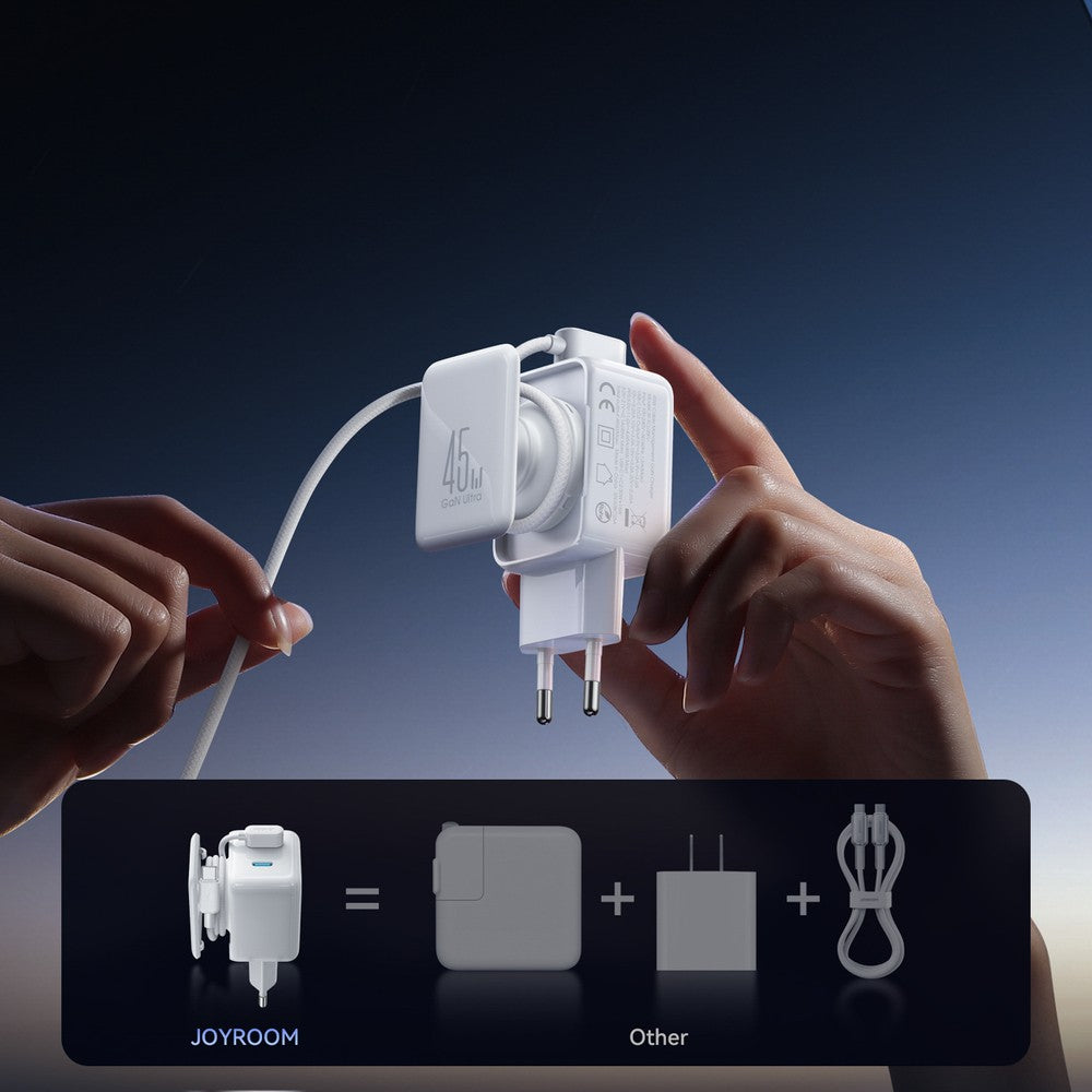 Επιτοίχιος Φορτιστής Joyroom JR-TCL05 45W GaN με Cable Organizer Λευκό | www.lightgear.gr