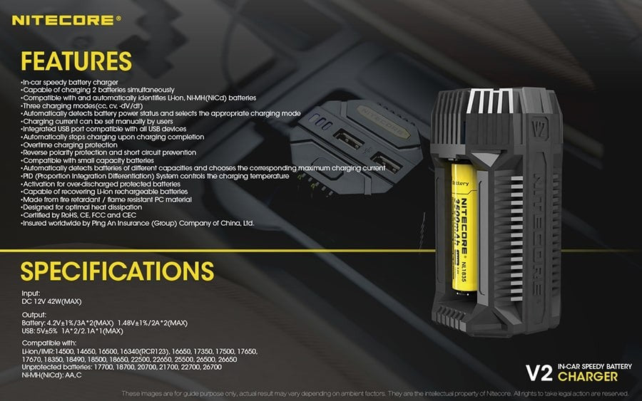 Φορτιστής Nitecore V2 - DC 12V - 42W | www.lightgear.gr