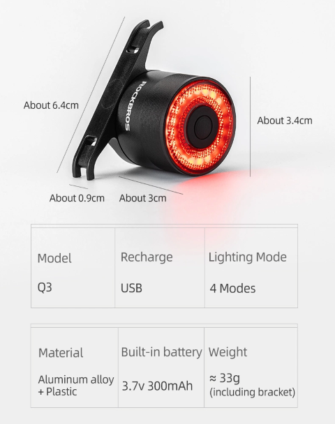 Φως Ποδηλάτου Πίσω Rockbros Q3 Intelligent Stop System | www.lightgear.gr