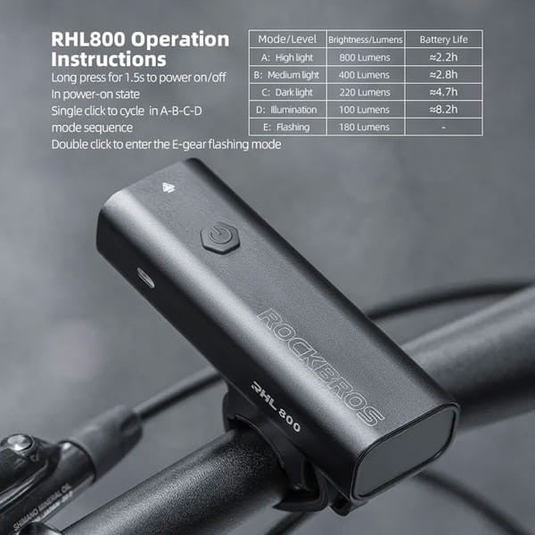Φως Ποδηλάτου Εμπρός Rockbros 800 lm USB | www.lightgear.gr