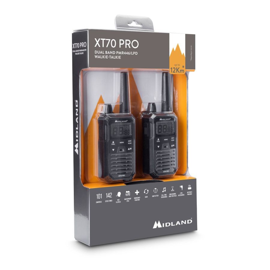 Ασύρματος Πομποδέκτης Midland XT70 PRO PMR με Μονόχρωμη Οθόνη Σετ 2τμχ Γκρι | www.lightgear.gr