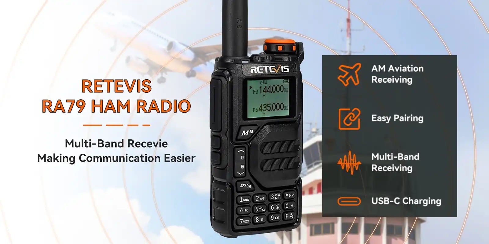Ασύρματος Πομποδέκτης Retevis RA79, VHF/UHF, 5W, Aviation Band (EU) | www.lightgear.gr
