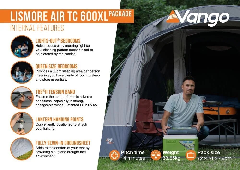 Φουσκωτή Σκηνή 6 Ατόμων Vango Lismore Air Tc 600xl 705 X 380 X 210 Cm | www.lightgear.gr