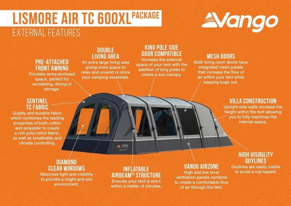 Φουσκωτή Σκηνή 6 Ατόμων Vango Lismore Air Tc 600xl 705 X 380 X 210 Cm | www.lightgear.gr