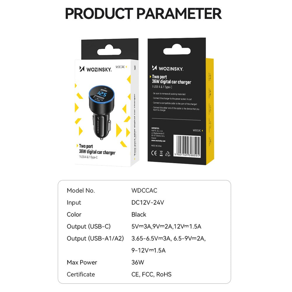 Φορτιστής Αυτοκινήτου Wozinsky WDCCAC USB-C USB-A 36W Μαύρο | www.lightgear.gr