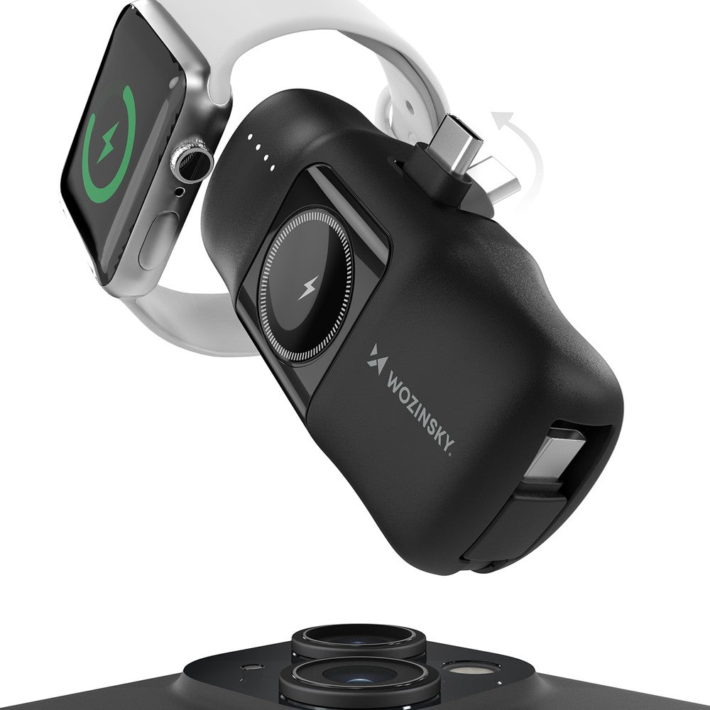 Mini Power Bank Wozinsky WF16-YCS 5000mAh 15W με Built-in USB-C Cable και Apple Watch Charger Μαύρο | www.lightgear.gr