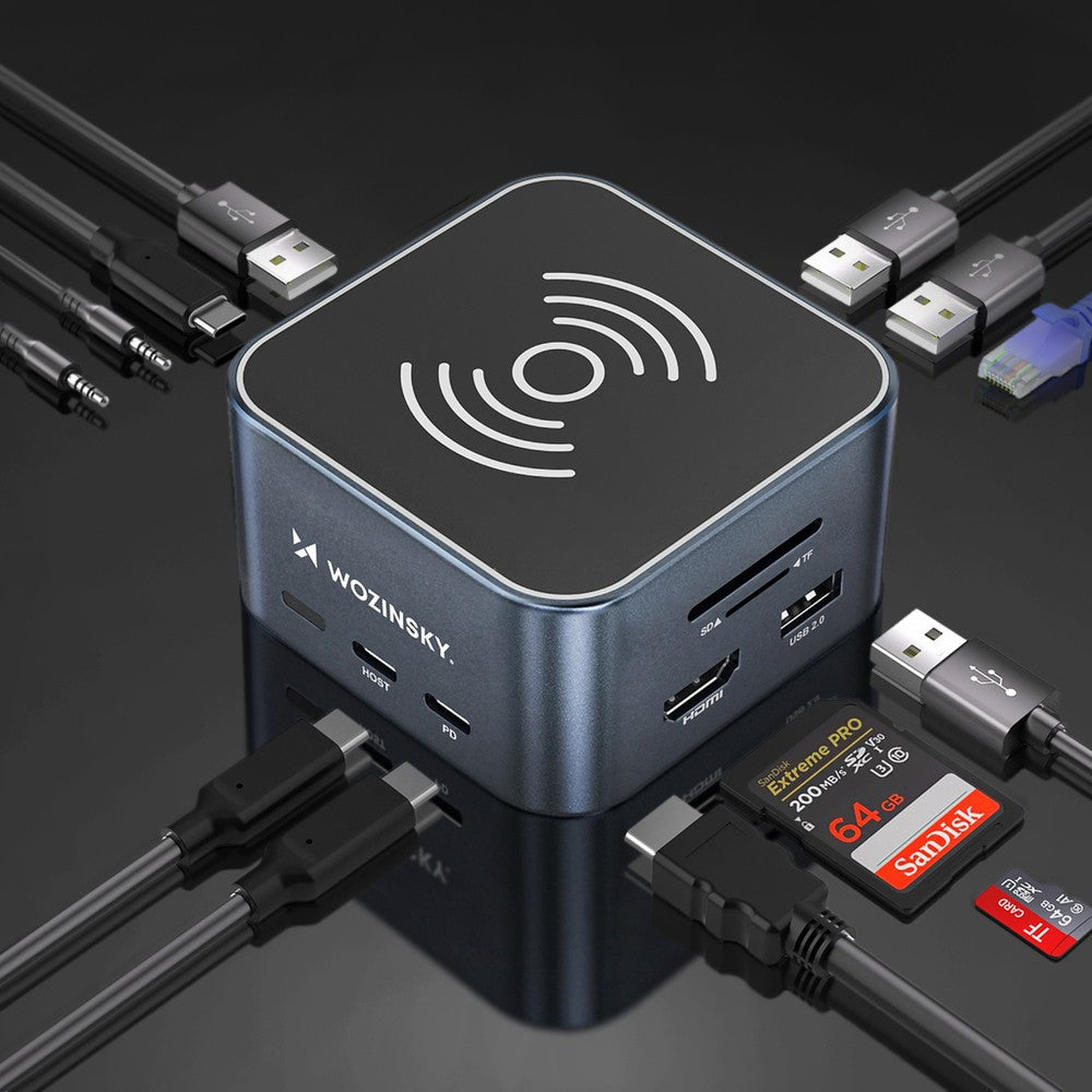 Hub USB-C 12 in 1 Wozinsky Πολυλειτουργικό με Wireless Charging Αλουμίνιο με Καλώδιο 15cm Γκρι | www.lightgear.gr