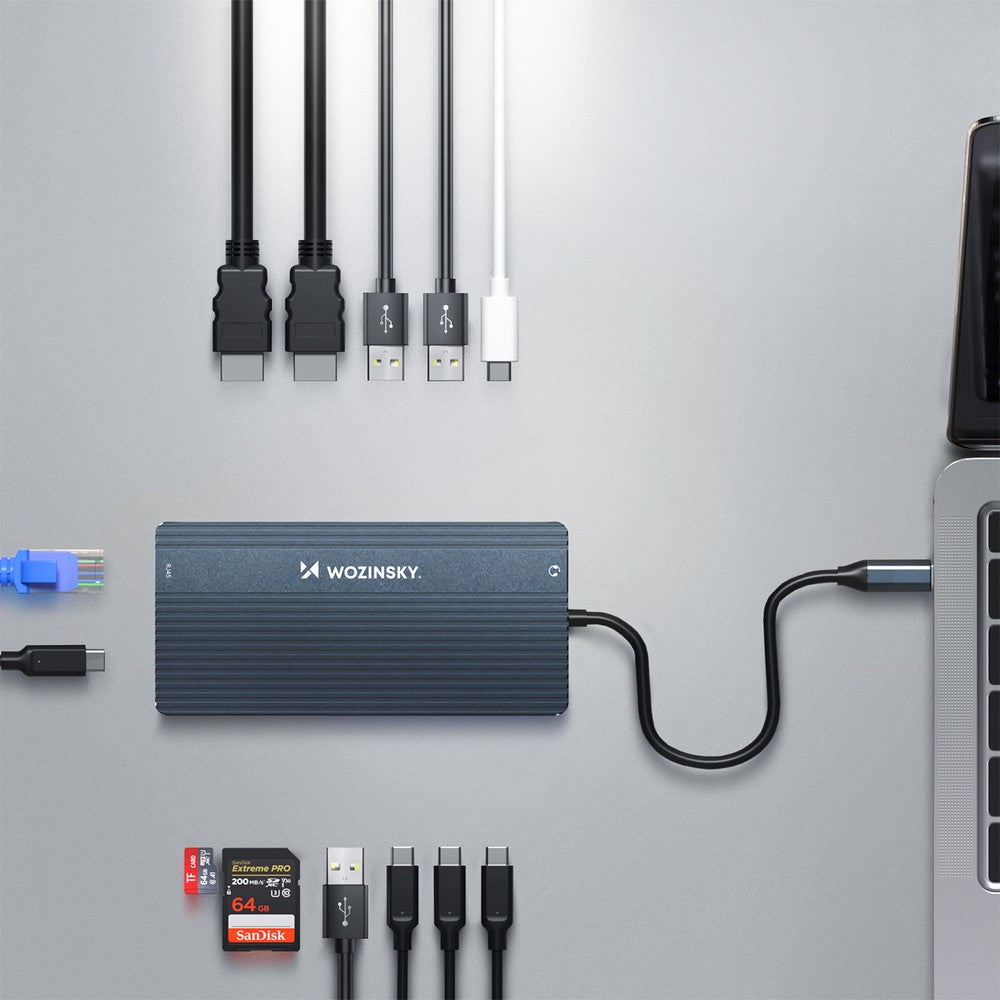 USB-C Hub 14 in 1 Wozinsky WDS03Y5S Πολυλειτουργικό Αλουμινίου για 3 Monitors με Καλώδιο 15cm Γκρι | www.lightgear.gr
