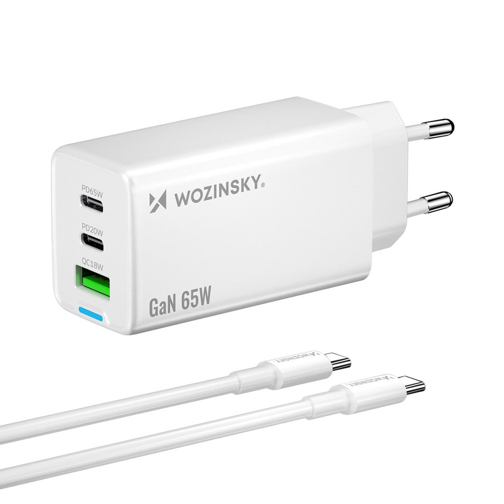 Φορτιστής Wozinsky GaN 65W με USB-A 2xUSB-C Θύρες και USB-C Καλώδιο 65W Λευκό | www.lightgear.gr