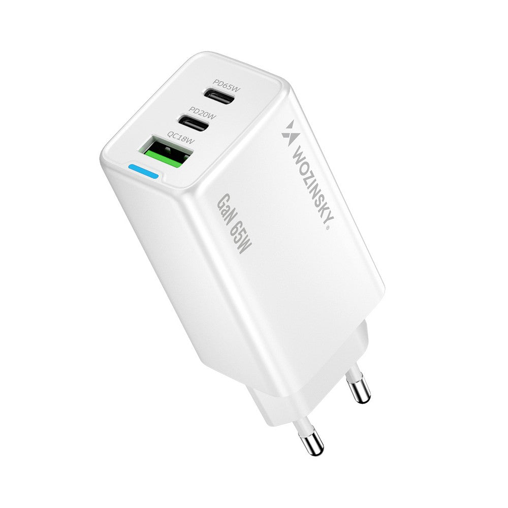 Φορτιστής Wozinsky GaN 65W με USB-A 2xUSB-C Θύρες και USB-C Καλώδιο 65W Λευκό | www.lightgear.gr