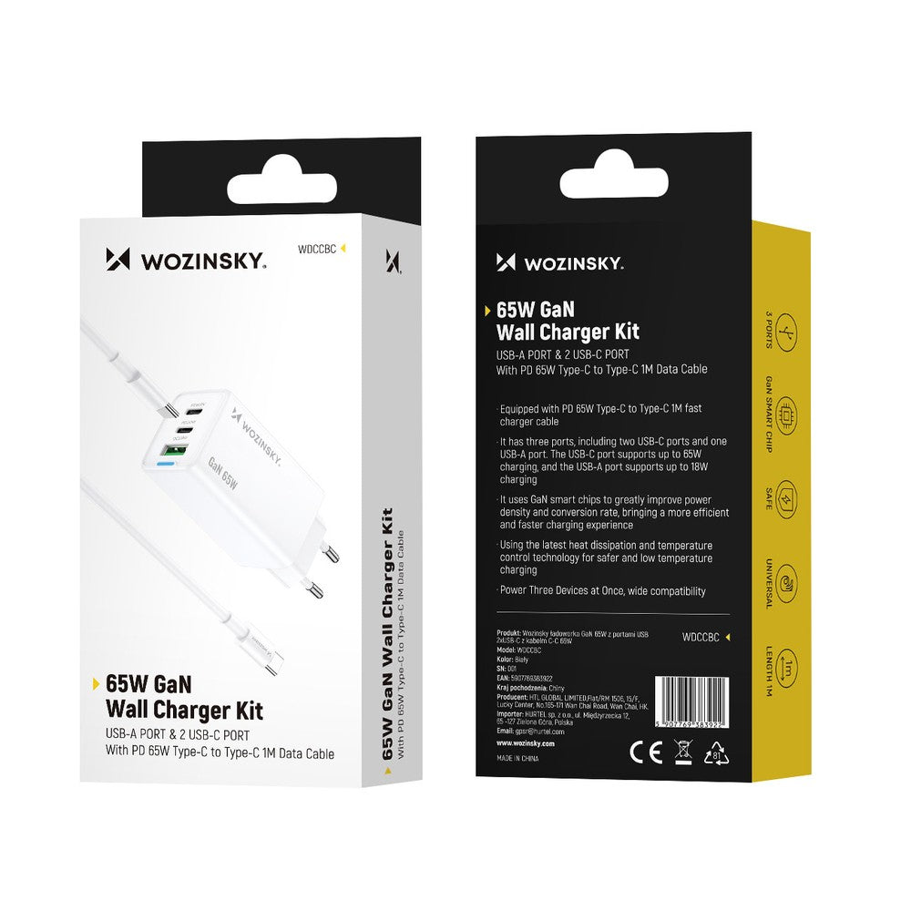 Φορτιστής Wozinsky GaN 65W με USB-A 2xUSB-C Θύρες και USB-C Καλώδιο 65W Λευκό | www.lightgear.gr