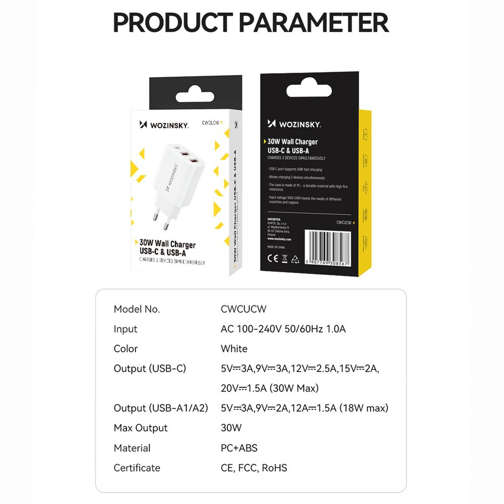 Επιτοίχιος Φορτιστής Wozinsky CWCUCW 30W USB-C / 2 x USB-A Λευκό | www.lightgear.gr
