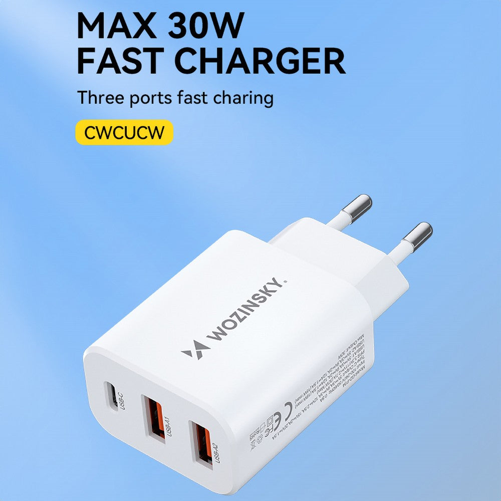 Επιτοίχιος Φορτιστής Wozinsky CWCUCW 30W USB-C / 2 x USB-A Λευκό | www.lightgear.gr