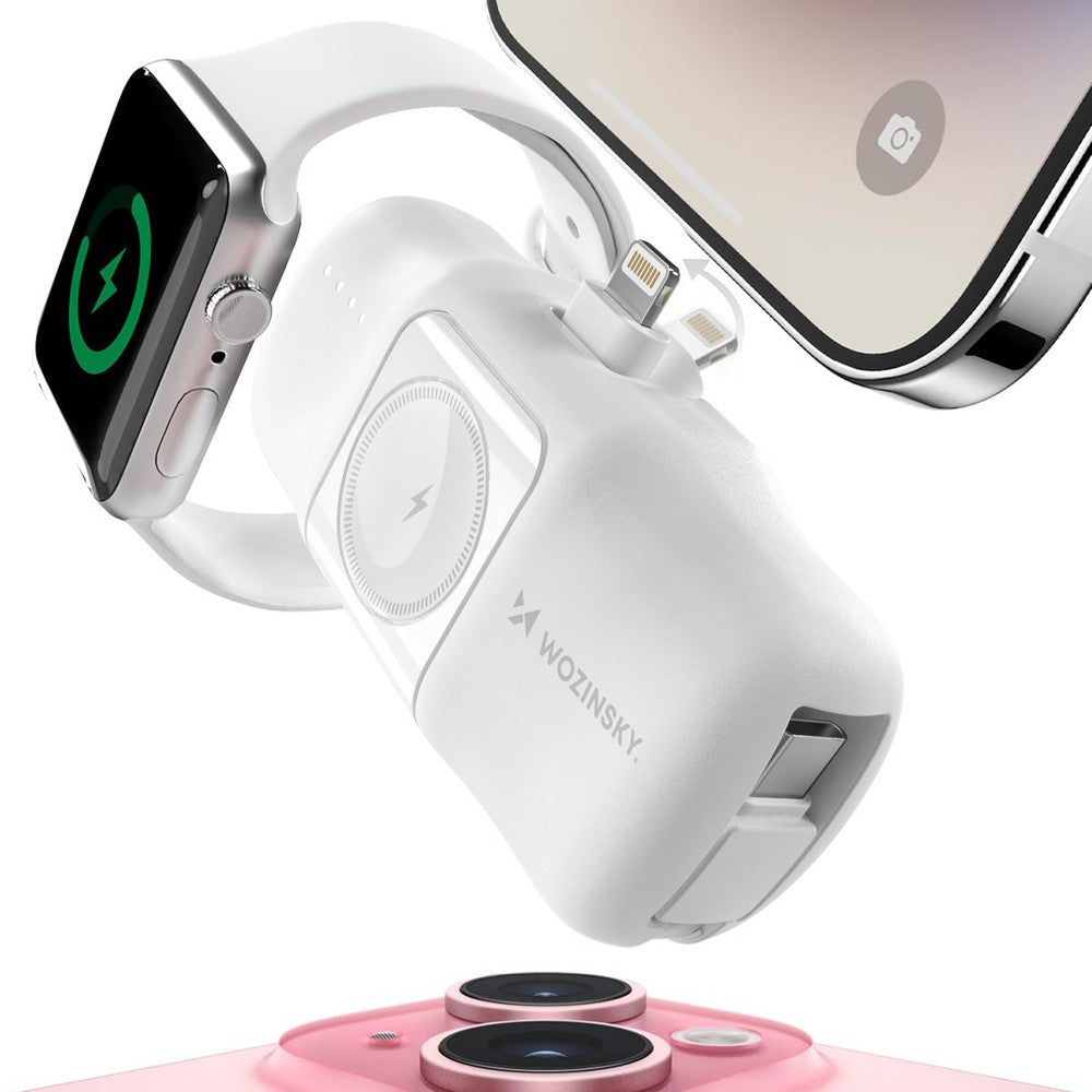 Mini Power Bank Wozinsky WF16-YLS 5000mAh 15W με Built-in USB-C Cable & Apple Watch Charger Λευκό | www.lightgear.gr
