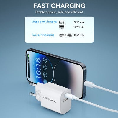 Επιτοίχιος Φορτιστής Wozinsky WGWCW USB-A USB-C 20W Λευκό | www.lightgear.gr