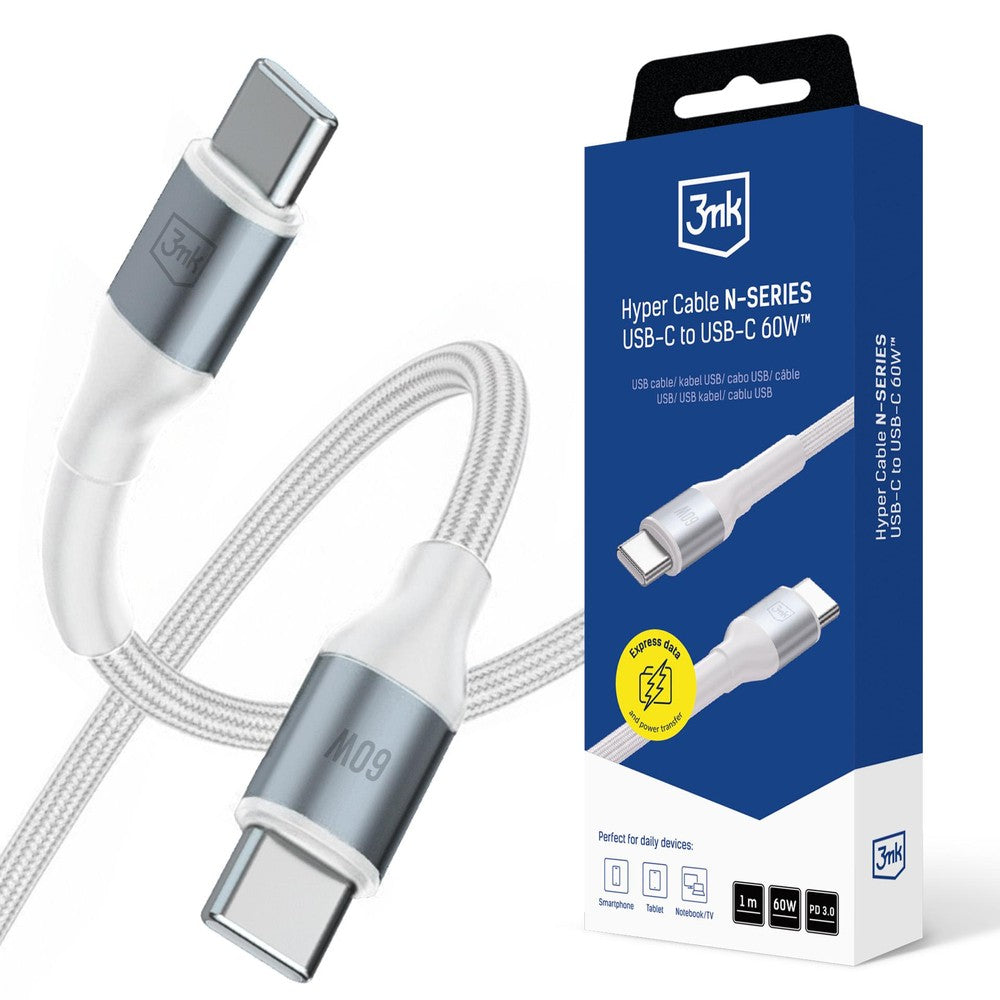 Hyper Cable N-Series USB-C/USB-C 1m 20V/3A 60W 3mk Λευκό | www.lightgear.gr