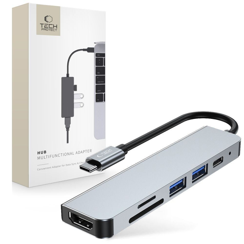 HUB Tech-Protect V4 6in1 USB-C USB-A 3.0 / USB-A 2.0 / USB-C / HDMI / Micro SD / TF / SD Card Reader Γκρι | www.lightgear.gr