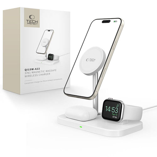 Inductive Charger Tech-Protect QI15W-A22 MagSafe με 3in1 MagSafe Stand για Smartphone / Apple Watch / AirPods Λευκό | www.lightgear.gr