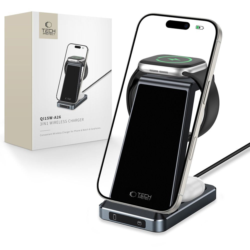 Inductive Charger 3in1 Tech-Protect QI15W-A26 15W για Smartphone / Headphones / Apple Watch Μαύρο | www.lightgear.gr