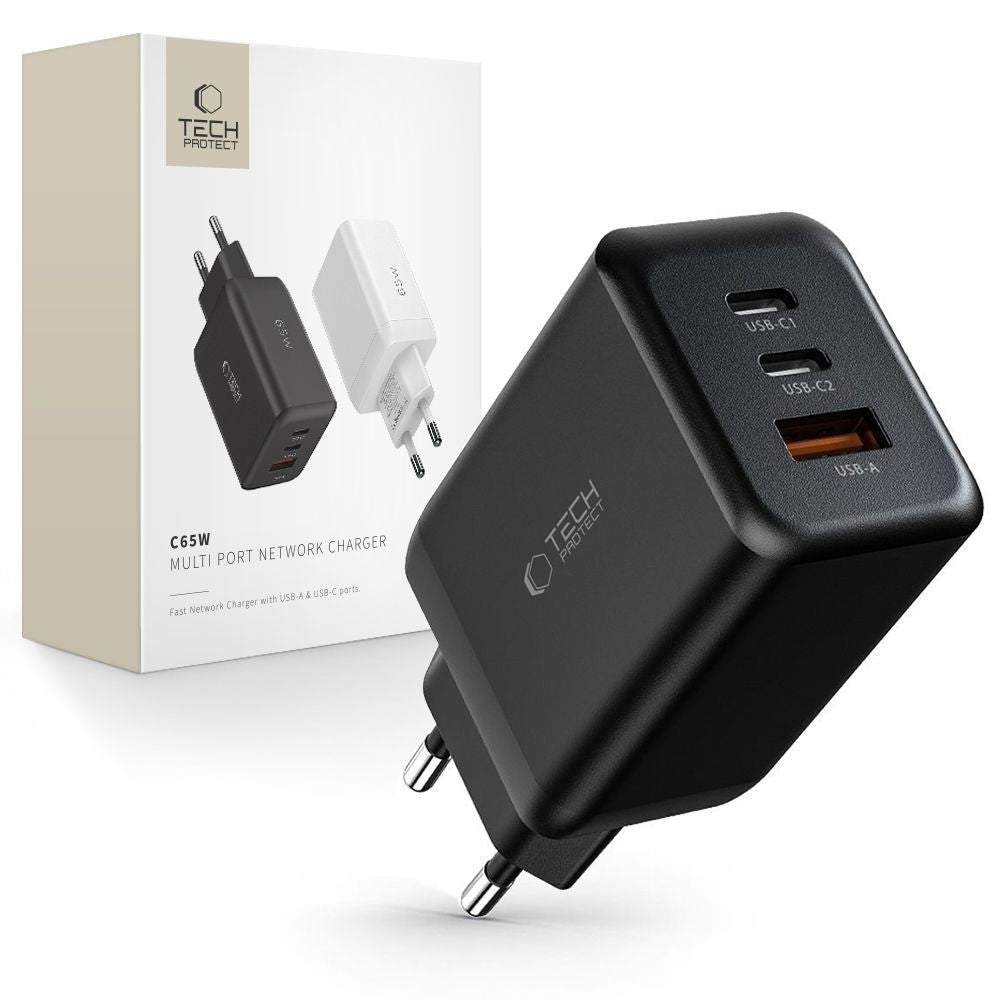 Επιτοίχιος Φορτιστής Tech-Protect C65W 2x USB-C PD 65W / USB-A QC 3.0 Μαύρο | www.lightgear.gr