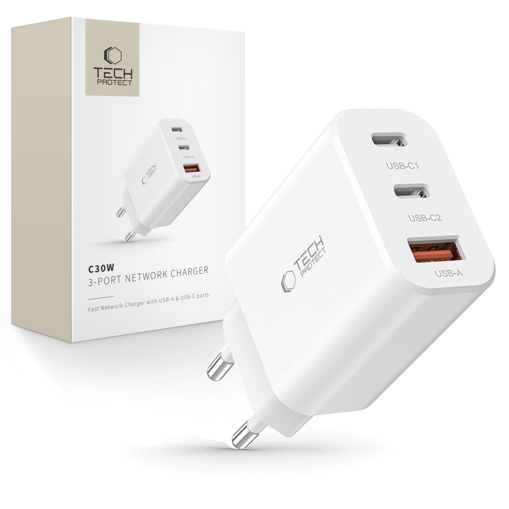 Επιτοίχιος Φορτιστής Tech-Protect NC30W 2x USB-C PD 30W / USB-A QC 3.0 Λευκό | www.lightgear.gr